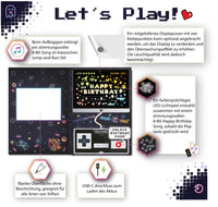 Gaming-Musikkarte, Bildschirm mit LED-Lichtspiel, 8-Bit Musik, Controller mit Playtaste, wiederaufladbarer Akku